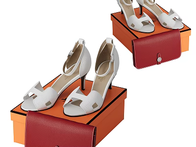 Stylish Red Bag And Orange Boxes With White High Heels On 3d model