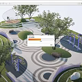 Park Landscape Design Featuring Curved Pathways Circular Paved Patterns Green Lawns Trees And Decorative Rocks 3d model