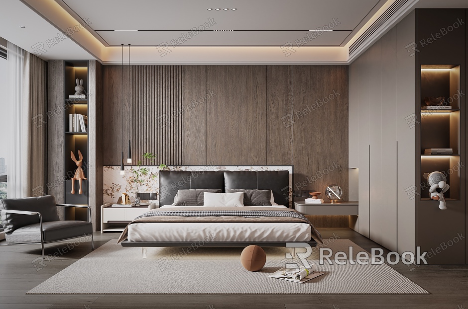 Modern Italian Style Bedroom Wardrobe Bedside Table Suspension Bed Chandelier Carpet Curtain model