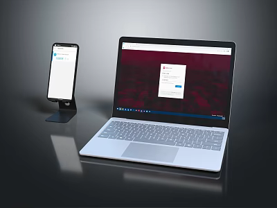 Modern Laptop Desktop Setup With Smartphone Showing Screen Display And Web Application 3d model