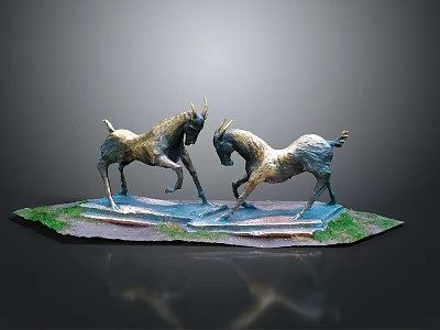 Two Antelope Sculptures In Fighting Stance With Grass Covered Base On Reflective Surface 3d model