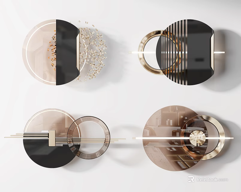 Modern Circular Wall Decor With Geometric Metallic Frames And Black Gold Design 3d model 