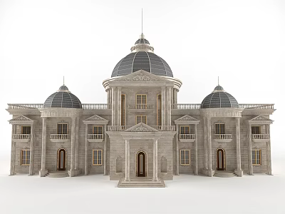 Detached Villa With Stone Exterior Symmetrical Design Central Dome Arched Porch And Classical Windows 3d model