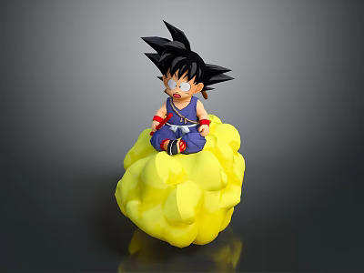 Anime Boy Character With Spiky Black Hair Sitting On Yellow Cloud In Blue Clothing 3d model