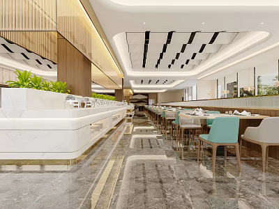 Modern Restaurant Interior Design With Marble Counter Chairs And Greenery 3d model