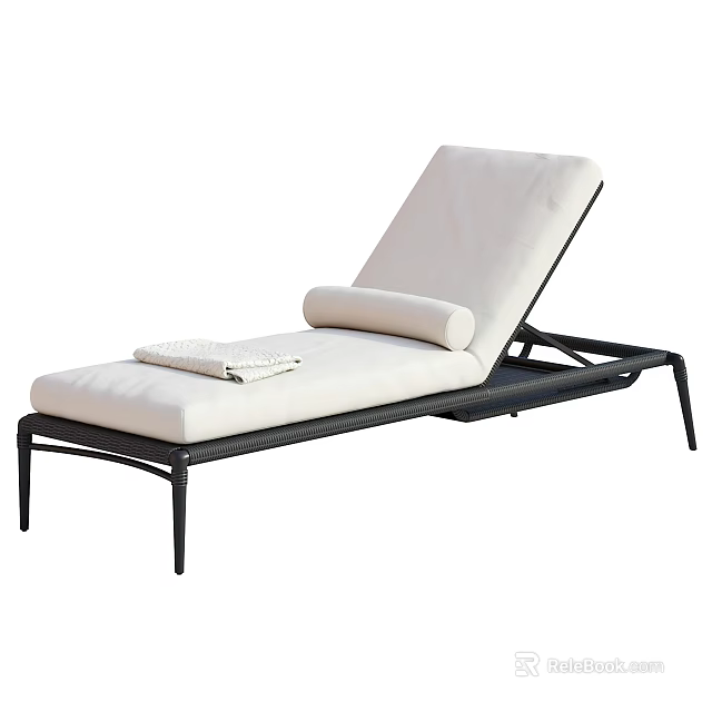 Outdoor Lounge Chair with Black Metal Frame White Cushion Rolled Pillow and Folded Towel 3d model 