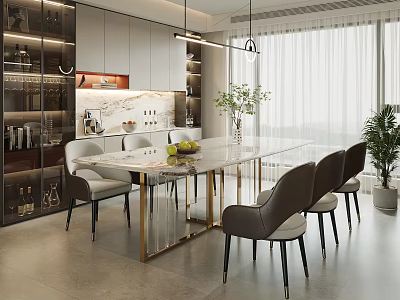 Modern Dining Table With Marble Top Gold Frame Chairs Hanging Lights In Open Kitchen 3d model