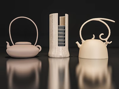 Decorative Ornament Set Featuring Light Pink Cream White Teapot And Wooden Column On Black Surface 3d model