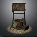 Ancient Wooden Well Structure With Brick Red Cushioned Chair Trunk Green Plants And Stone Pavement