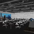 Modern Monitoring Room Interior With Large Screen City View Multiple Computer Workstations And Ergonomic Chairs