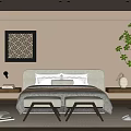 Modern Bedroom Interior Design With Bed Stools Rug Green Plant Decorative Painting And Wardrobe