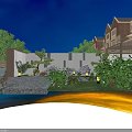 Modern Garden Landscape At Night Featuring Wooden Screen Mountain Pattern Green Plants And Lanterns