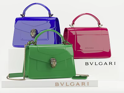 Bvlgari Colorful Shiny Patent Leather Handbags With Snake Head Clasp Handles And Straps 3d model