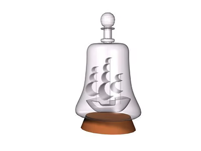 Clear Glass Bell Jar Decorative Ornament Set With Sailing Ship Model And Brown Base 3d model