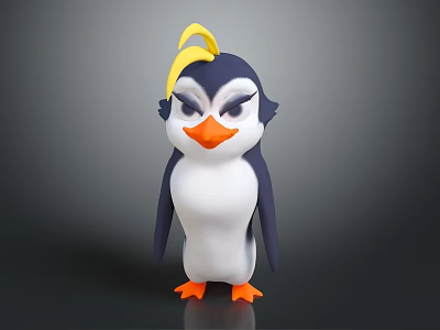 Cartoon Penguin Character With Yellow Crest Orange Beak Orange Feet And Fierce Expression 3d model