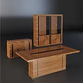 Wooden Office Desk With Herringbone Design Smooth Top Black Trim And Glass Cabinet