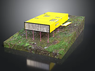Children's Yellow Toy House Model With Pink Pillars And Transparent Windows On Green Grass Base 3d model