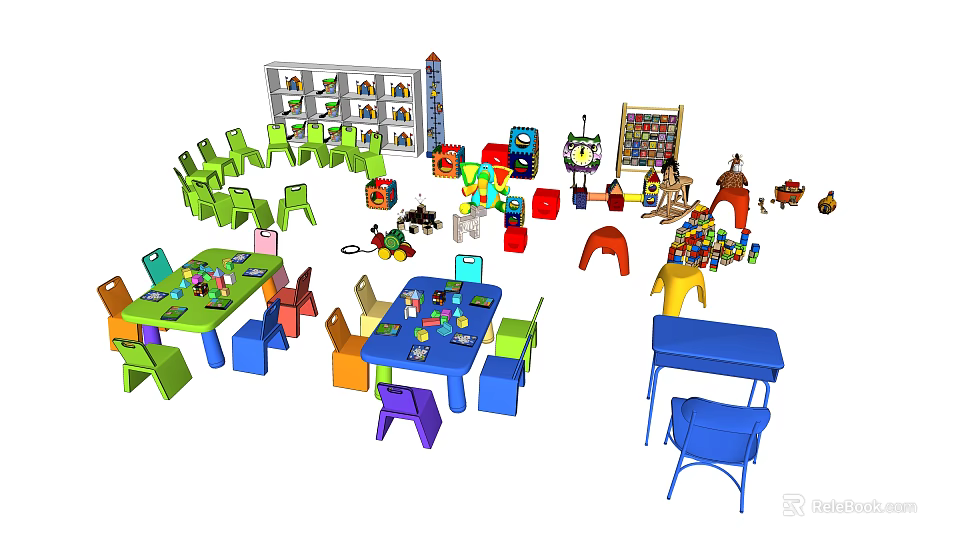 Colorful Kids Table With Multicolor Chairs Toys Drawing Board And Bookshelf For Play Area 3d model 