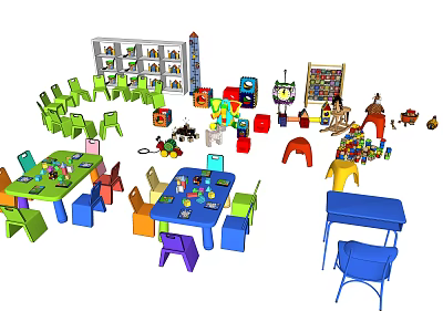 Colorful Kids Table With Multicolor Chairs Toys Drawing Board And Bookshelf For Play Area 3d model