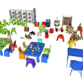 Colorful Kids Table With Multicolor Chairs Toys Drawing Board And Bookshelf For Play Area