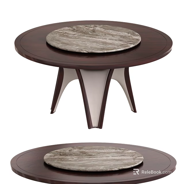 Elegant Modern Luxury Dining Table With Round Marble Top And Unique Wooden Leg Design 3d model 