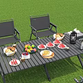 Outdoor Leisure Chairs On Green Grass With Table Featuring Fruits Bread And Drinks