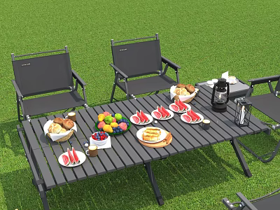 Outdoor Leisure Chairs On Green Grass With Table Featuring Fruits Bread And Drinks 3d model