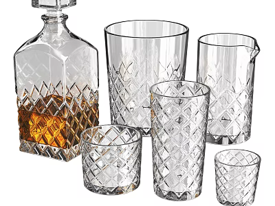 Crystal Whiskey Decanter And Glassware Set With Diamond Pattern Design 3d model