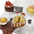 Assorted Delicious Cakes With Fruit Toppings And Desserts On Glass Table With Wine Glasses