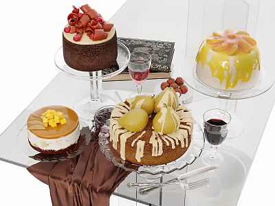 Assorted Delicious Cakes With Fruit Toppings And Desserts On Glass Table With Wine Glasses 3d model