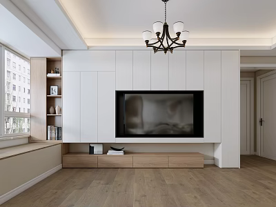 Modern White TV Wall Design With Built in TV Wooden Stand Chandelier And Bookshelf 3d model