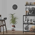 Modern Black Metal Storage Shelf with Coffee Machine Blender Baskets and Potted Plant