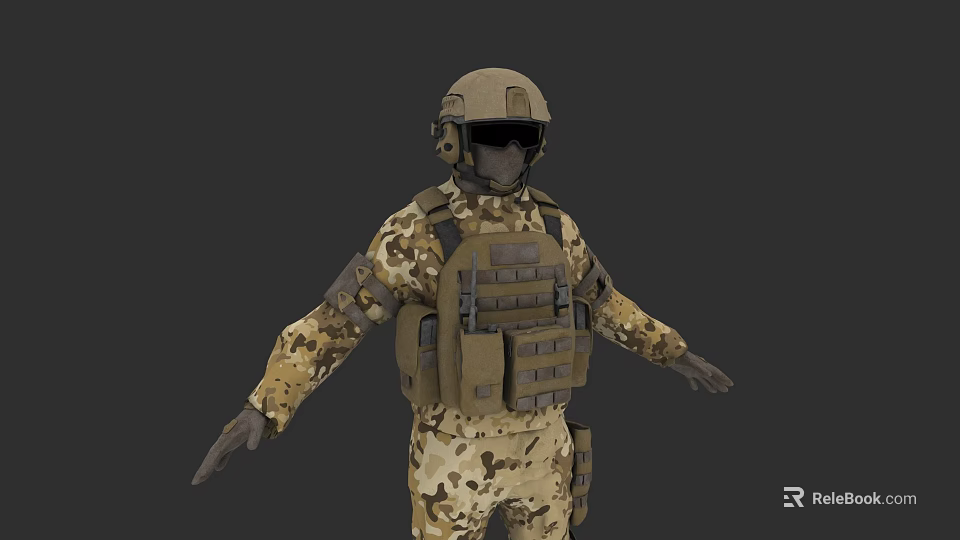 A Man In Camouflage Uniform Standing With Arms Outstretched Wearing Tactical Vest Helmet And Goggles 3d model 
