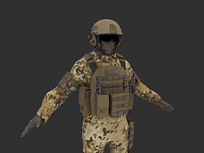 A Man In Camouflage Uniform Standing With Arms Outstretched Wearing Tactical Vest Helmet And Goggles 3d model