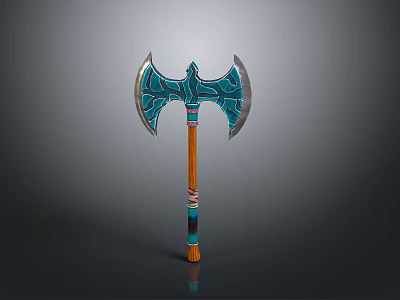 Ornate Battle Axe With Blue Green Patterns Silver Blades And Wooden Handle With Colorful Stripes 3d model