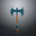 Ornate Battle Axe With Blue Green Patterns Silver Blades And Wooden Handle With Colorful Stripes