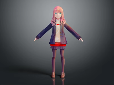 3D Anime Style Character with Pink Hair in School Uniform Standing Pose and Detailed Clothing 3d model