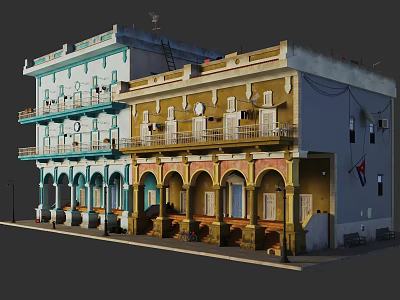 Colorful Traditional Buildings With Light Blue Yellow Facades Balconies Arched Doorways And Flag 3d model
