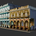 Colorful Traditional Buildings With Light Blue Yellow Facades Balconies Arched Doorways And Flag