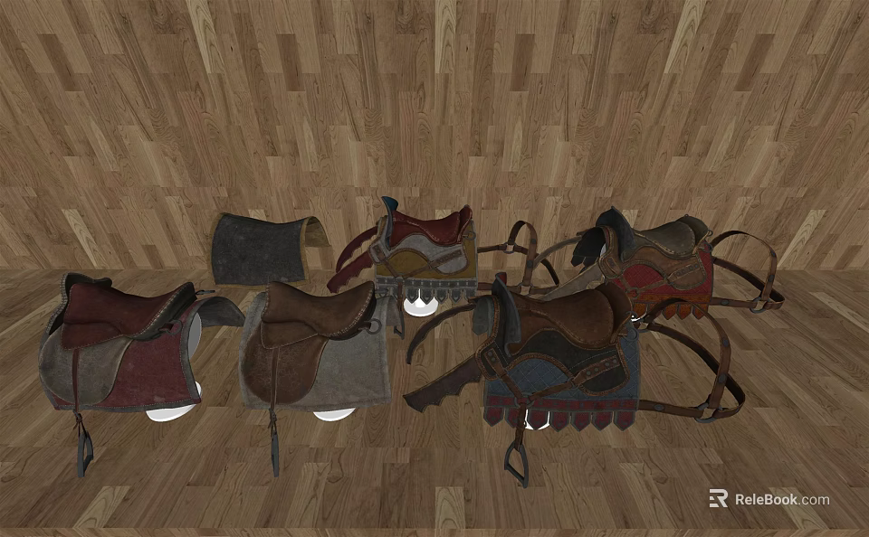 Various Sports Equipment Saddles Hanging On Wooden Floor Display Setup 3d model 