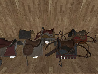 Various Sports Equipment Saddles Hanging On Wooden Floor Display Setup 3d model