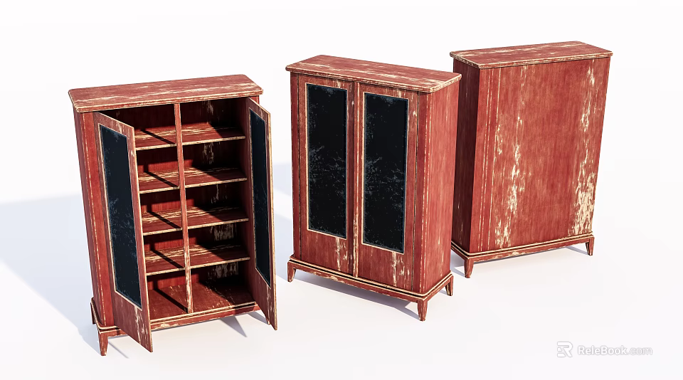 Three Vintage Wooden Wardrobes With Glass Doors Distressed Finish And Interior Shelves 3d model 