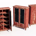 Three Vintage Wooden Wardrobes With Glass Doors Distressed Finish And Interior Shelves