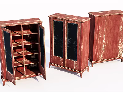 Three Vintage Wooden Wardrobes With Glass Doors Distressed Finish And Interior Shelves 3d model