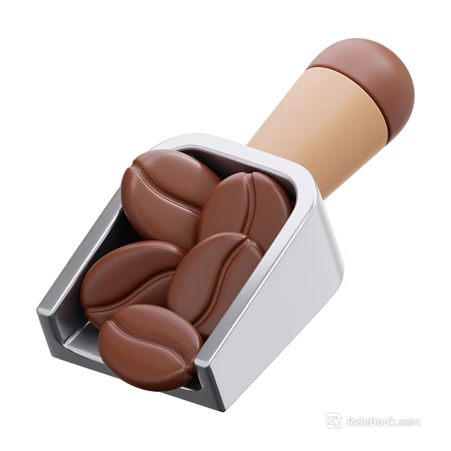 Delicious Roasted Coffee Beans in Metal Scoop with Brown Handle 3d model 