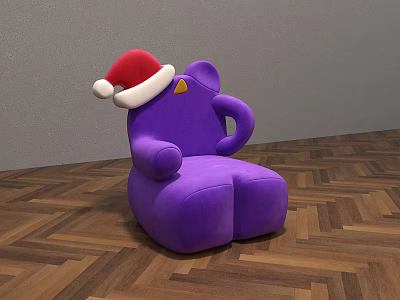 Purple Cartoon Elephant Children's Chair With Red Santa Hat On Wooden Floor 3d model