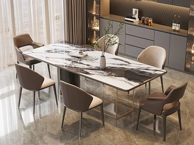 Modern Dining Table Set With Marble Tabletop Metal Frame And Beige Chairs 3d model