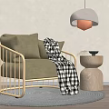 Single Sofa With Beige Cushion Gold Metal Frame Black White Checkered Blanket Round Gray Rug
