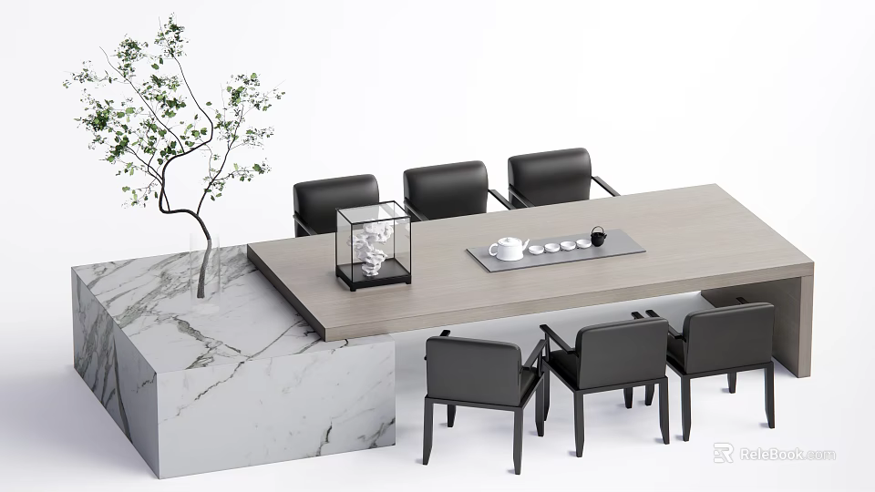 Modern Tea Table and Black Chairs with Tea Set Marble Platform and Small Green Tree 3d model