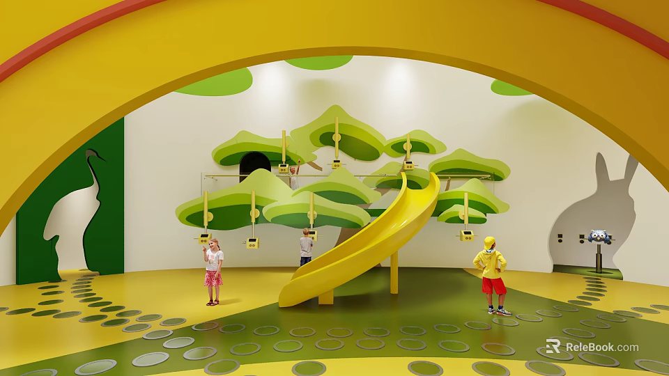 Colorful Indoor Playground Equipment With Yellow Slide Green Tree Decorations And Circular Floor Design For Kids 3d model 
